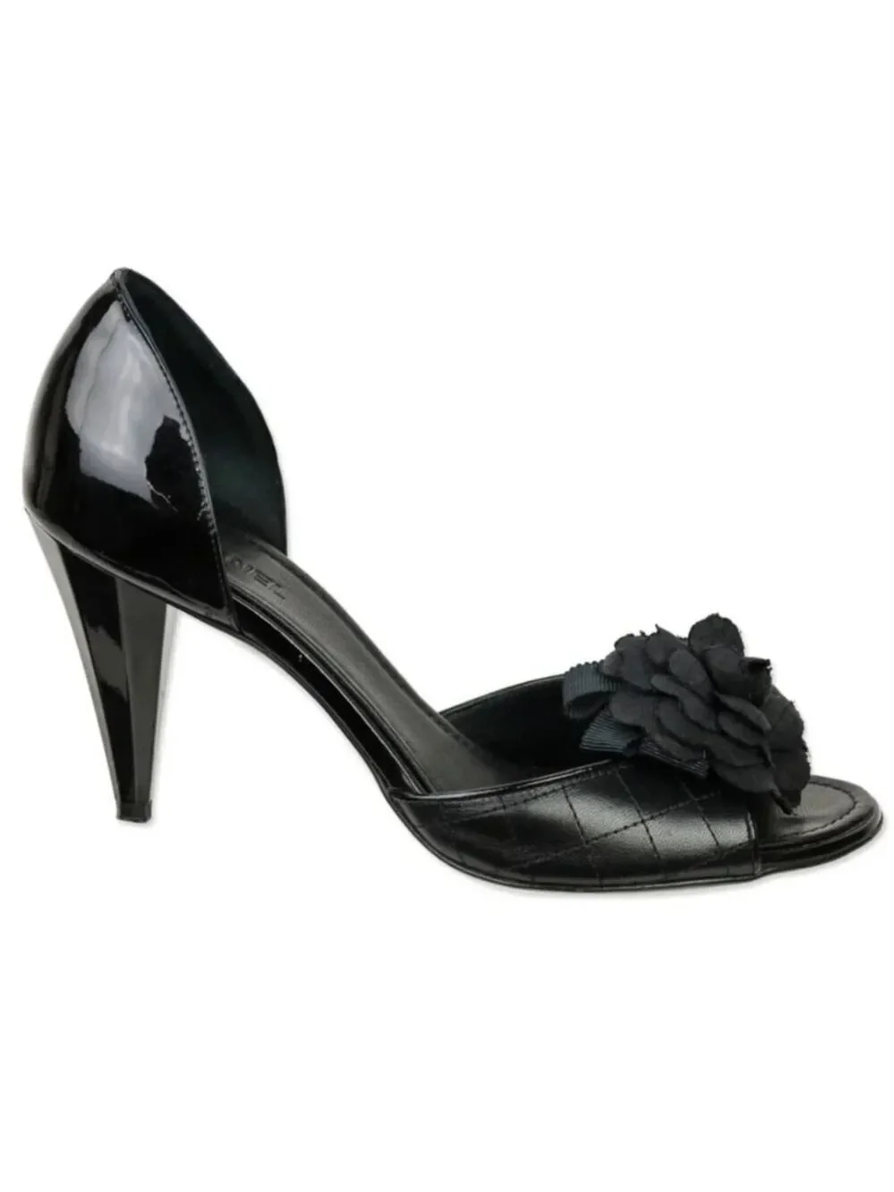 Chanel Black Quilted D'Orsay Peep Toe Flower Pumps EU 37.5 MSRP $1,195